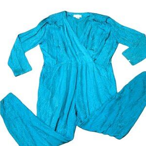Vintage Silk Jumpsuit 80s Petite Illustrations size 10 Aqua Blue Paisley